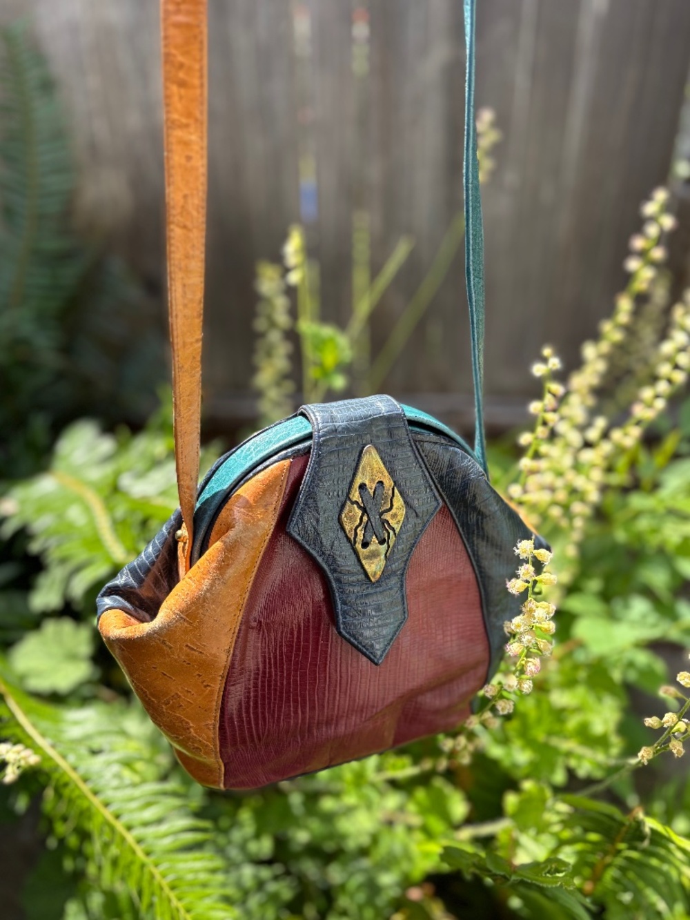 Sharif Four Color Colorblock Genuine Leather Handbag Red Mustard Navy Teal
